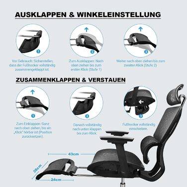 Ергономічне крісло для офісу, 4D підлокітники, регульована глибина сидіння, 4-ступеневий нахил, гумові колеса, сітчаста сидіння, висока спинка, для великих людей, Homeoffice & Gaming, ергономічне крісло для робочого столу (Чорний – з підставкою для ніг, с