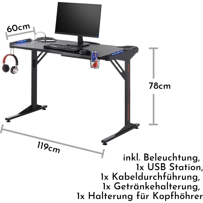 Ігровий стіл Stella Trading BC 3110 з LED-підсвічуванням, USB-портами та тримачем для напоїв - 119 x 78 x 60 см