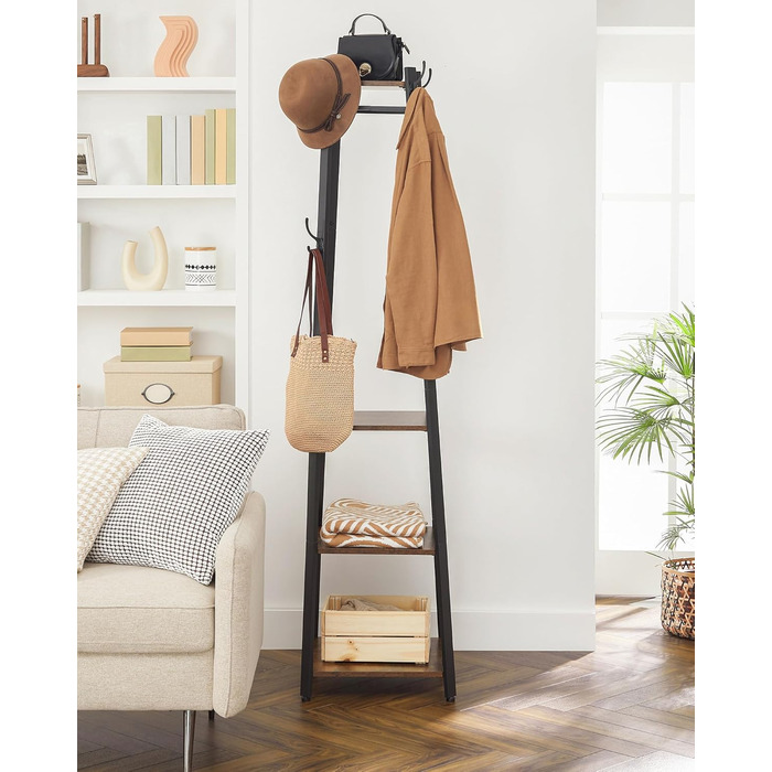 Стійка для одягу VASAGLE з 8 гачками, 4 полицями та перекладиною, металевий каркас, для шарів, курток, сумок, для прихожого, золотий дуб + білий (вінтажний коричневий + чорний)