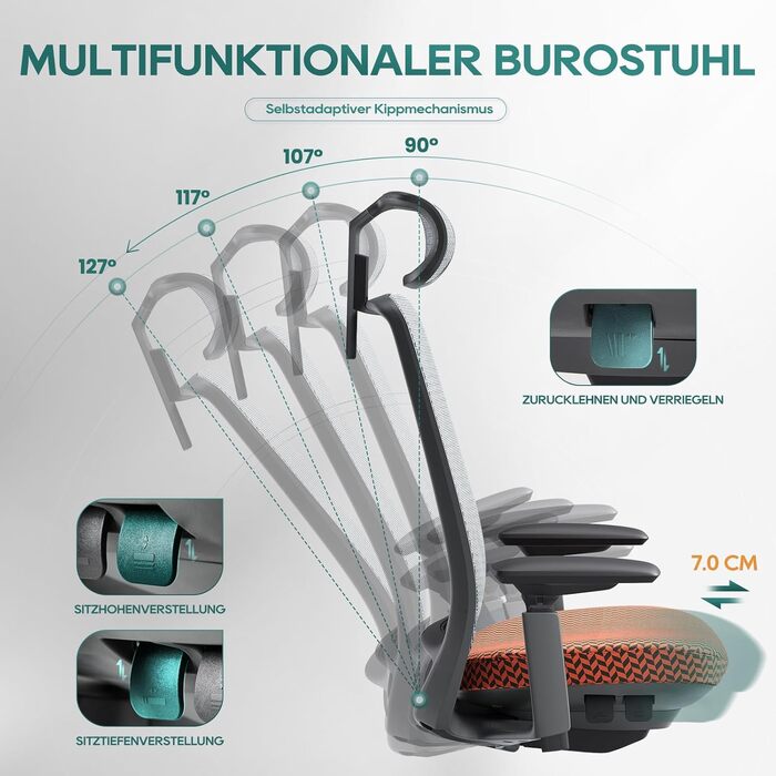 Ергономічне крісло Colamy для офісу та дому: регульована глибина сидіння, 4D підлокітники, підтримка попереку (до 136 кг), сіре