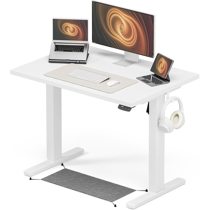 Регульований стіл 120x60 см, електричний з функцією пам'яті, столик для комп'ютера - стоячи/сидячи. Керування кабелями & гачки, регульований підйомний стіл для офісу та дому – білий