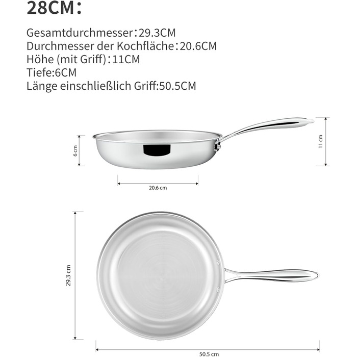 Набір сковорідок SANFELA 5-шарівний з нержавіючої сталі (24+28 см), сумісний з індукцією, для духовки та посудомийної машини