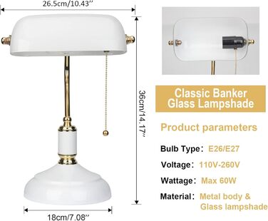 Настільна лампа FIRVRE Glass Banker, бронзове покриття, E27 вінтаж, для офісу та спальні, золотисто-білий