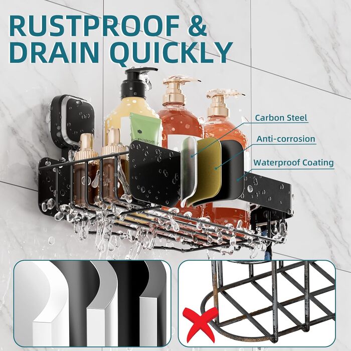 Корзина для душу TAILI з нержавіючої сталі, без свердління, чорна, 2 шт.