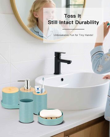 Набір аксесуарів для ванної кімнати IMAVO, 9 предметів: сміттєвий бак, дозатор мила, мильниця, тримач для зубних щіток, стакан для зубних щіток, тримач для унітазного йоржика, диспенсер для ватних паличок (Блакитний, 26 предметів + шторка для душу з факту
