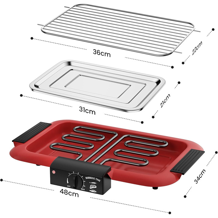 Електричний гриль Настільний гриль електричний, Електричний гриль для барбекю, Бездимний антипригарний гриль для внутрішнього/зовнішнього використання, 2000 Вт двотрубний портативний знімний стоячий гриль високої потужності (елегантний червоний)