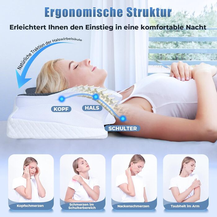 Подушка для шиї Saheyer з Memory Foam, ергономічна ортопедична подушка для сну на боці, покращує якість сну, 70 x 40 x 15/12 см, з чохлом білого та вугільно-сірого кольорів