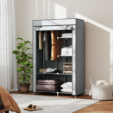 HOMCOM шафа для одягу, тканинна шафа, 6 відділень, сіра, 103x43x162,5 см, складана шафа для одягу з виглядом з флісу | Aosom