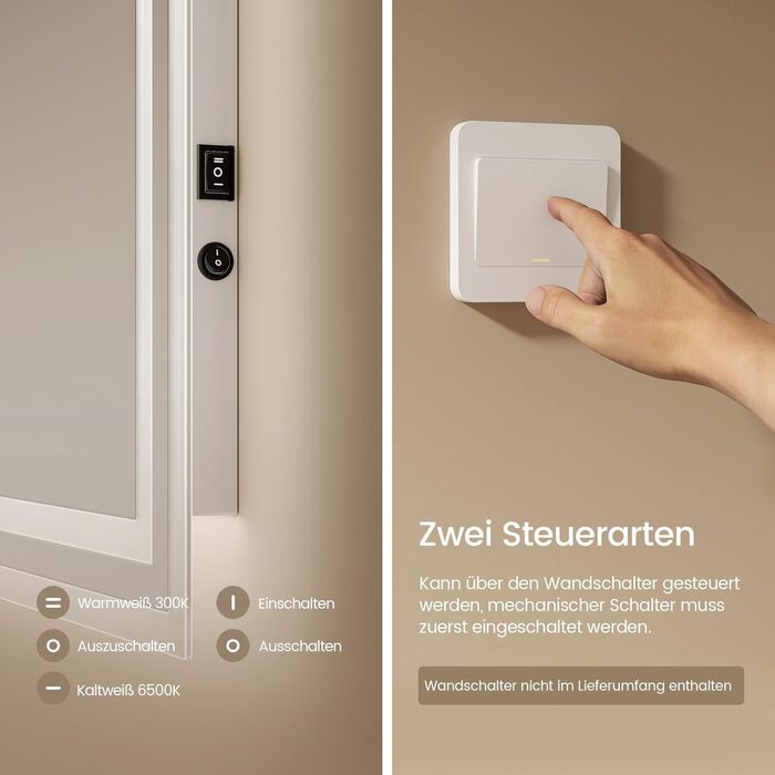 Дзеркало для ванної кімнати EMKE з підсвічуванням 40x60 см LED, антизапарник, холодний/теплий білий, з кнопкою, алюмінієва рама, IP44, енергозберігаюче