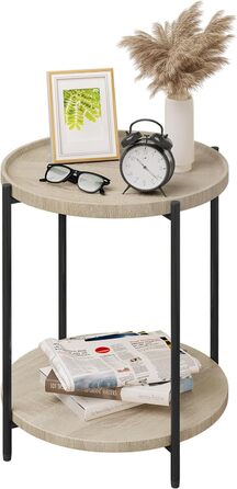 Журнальний стіл круглий, журнальний столик з 2 полицями, стіл для вітальні зі знімною стільницею, приліжковий стіл журнальний журнальний телефонний столик для вітальні спальні, виготовлений з металу МДФ, світлий дуб, BTS06hei