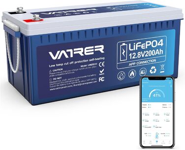 Літієва батарея VATRER POWER LiFePO4 12V 100AH з низькотемпературним відключенням і літієвою батареєю глибокого циклу 100A BMS 5000 1280 Вт для автофургонів, кемпінгу, човнів, сонячних домашніх систем (12V200Ah з самонагріванням)