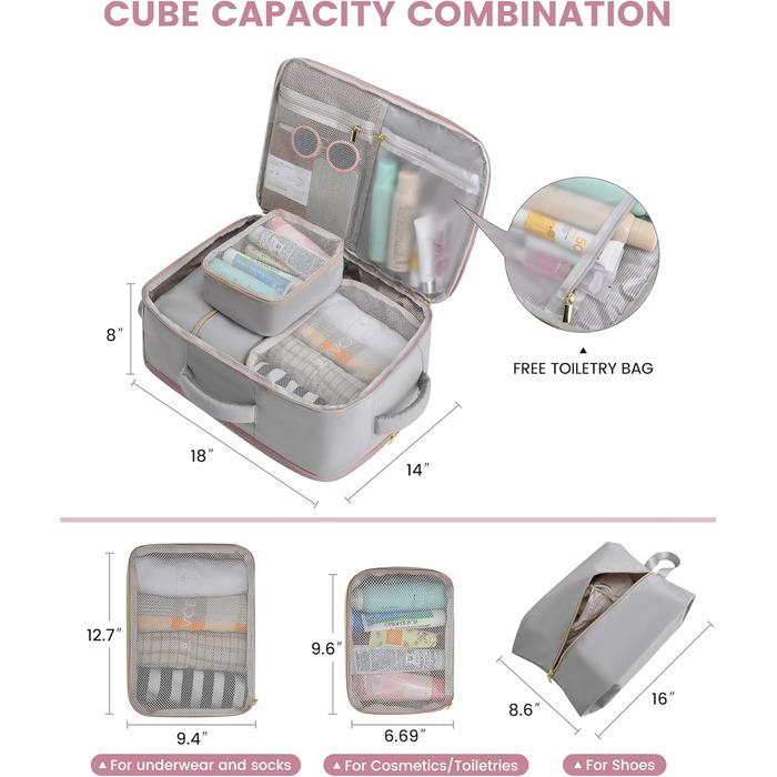 LOVEVOOK Рюкзак для ручної поклажі, жіночий/чоловічий, 40L, водонепроникний, з відділенням для взуття, 17 дюймів для ноутбука, сірий+рожевий+бежевий