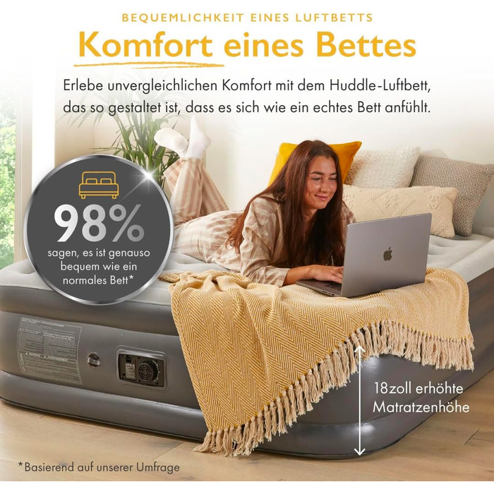 Надувне ліжко Huddle Lite з вбудованим насосом – комфортна матрац для кемпінгу, гостей та запасних кімнат (одинарне, двоспальне, king size)