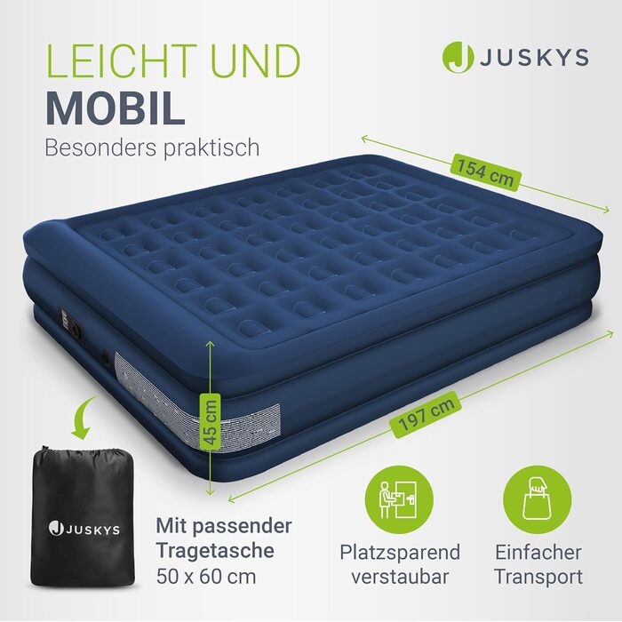 Надувний матрац Juskys самонадувний 150x200 см - двоспальний з вбудованим насосом - ідеально для гостей або кемпінгу - водонепроникний блакитний/білий (блакитний, двоспальний)