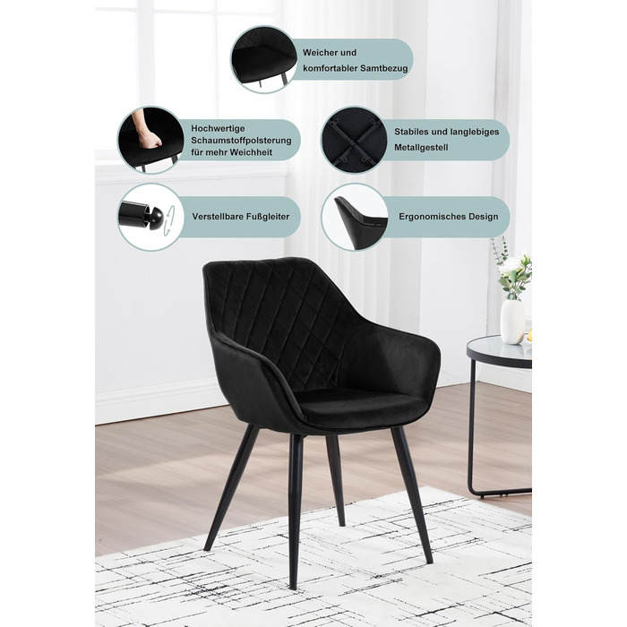 Набір обідніх стільців WOLTU 2 шт. з м'якими сидіннями, зелені, з металевими ніжками. Підходять для кухні, вітальні, їдальні.