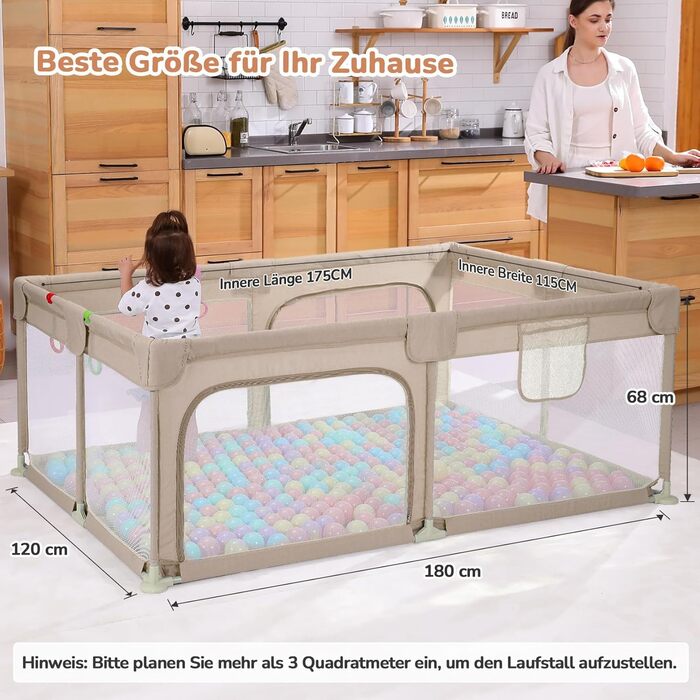 Дитячий ігровий центр Dripex 124x124 см, сірий. Laufstall (біговий загін) з дихаючою сіткою, Laufgitter, Playpen.