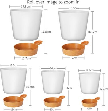 Набір горщиків для квітів Gardife з автополивом, 5 шт. різного розміру (12.7-17.8 см), пластикові, для кімнатних рослин, білі