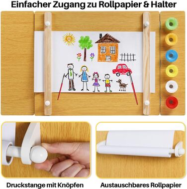 Дитячий стіл Kinder-Kunsttisch Set з 2 стільцями - дерев'яний набір для творчості для малюків з регульованою стільницею, відрами для пігментів та 8 тканинними ящиками для зберігання (Натуральний)