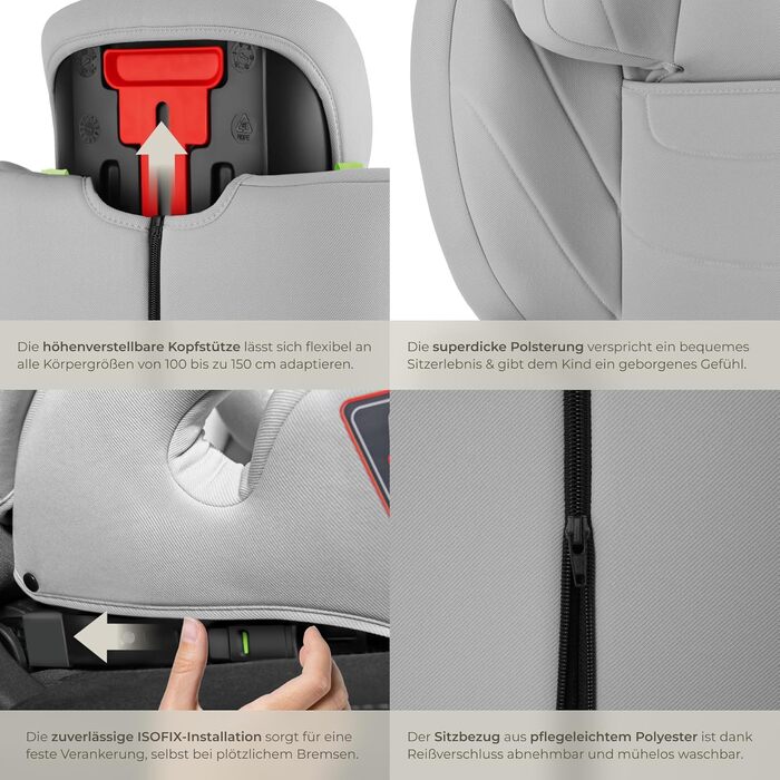 Автокрісло Tectake з 5-точковим ременем, i-Size, бічний захист, бустер для дітей 76-150 см (до 36 кг), сірий