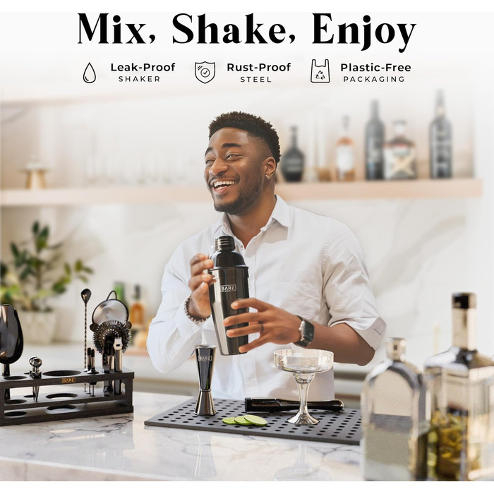 Набір бармена BARE BARREL® Mixology: 16 предметів для приготування коктейлів | Шейкер, барне аксесуар, інструменти для дому | 35 рецептів + подарунковий набір (680.4 г Cobbler Shaker)