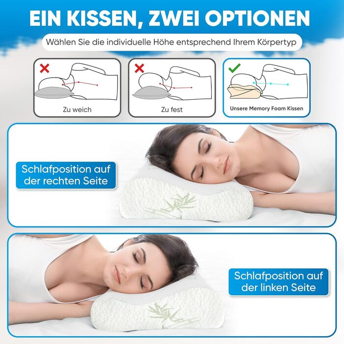 Ортопедична подушка для шиї з ефектом пам'яті (Memory Foam) – Ергономічна подушка для сну на боці та спині, дихаюча, зі знімним чохлом що миється