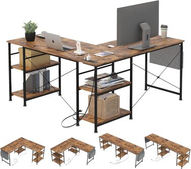 Ігровий кутовий стіл L-подібної форми з LED-підсвічуванням та розетками, 140x140 см, реверсивний комп'ютерний стіл з підставкою для монітора, 4 полиці та бічні кишені для дому та офісу (колір: коричневий, розміри: 140x140x74 см)