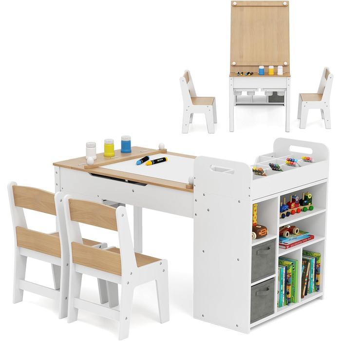 Дитячий стіл COSTWAY 3 в 1 з 2 стільцями: стіл для малювання, мольберт, місце для зберігання. Дерев'яний дитячий стіл-трансформер, 120 x 60 x 60 см (натуральний колір).
