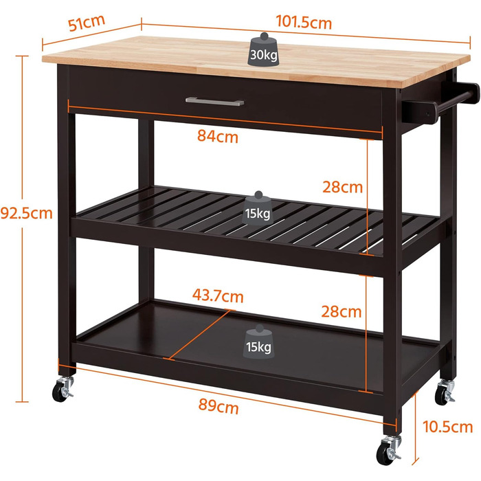 Сервізний візок Yaheetech з шухлядою, кухонний візок з 2 полицями, на коліщатках, 51 x 101,5 x 92 см, білий (Espresso)