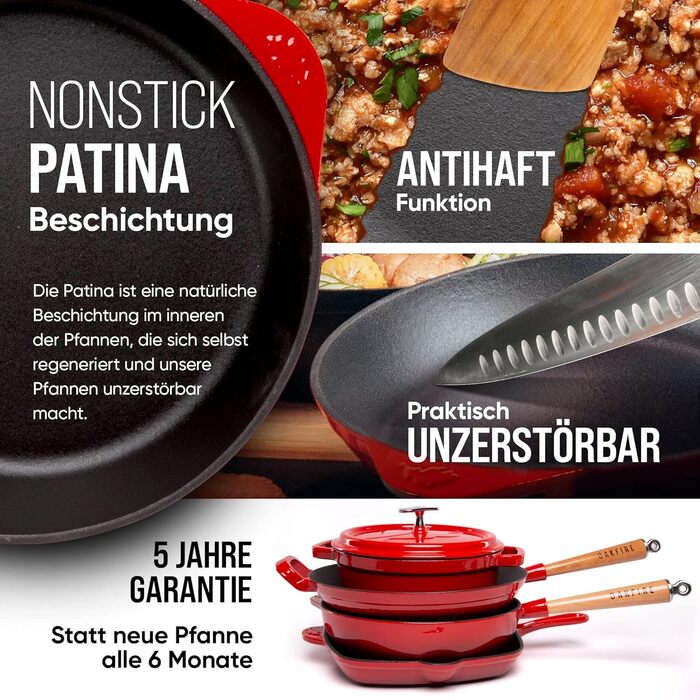 Чавунна сковорода Oakfire для гасіння на сковороді з емалевим покриттям 28 см, індукційний чавун з антипригарною патиною, емаллю. (червоний, бр