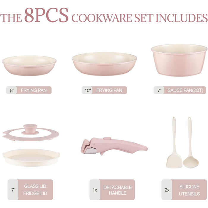 Набір каструль та сковорідок 23 частини з антипригарним покриттям. Підходить для всіх типів плит, духовка, без PFAS, PTFE, PFOA. Кремово-білий (8 предметів рожевий)