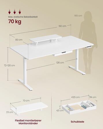 Регульований стіл VASAGLE з підставкою для монітора, шухлядою та USB-C, нагадування про перерви, 160 x 80 см, Wolkenweiß