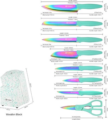 Набір кухонних ножів Katisun, 16 шт. з японської сталі, з бруском для заточування, дощечкою та ножицями. Набір ножів для нарізання, шинкування та нарізання, безпечний для миття в посудомийній машині.