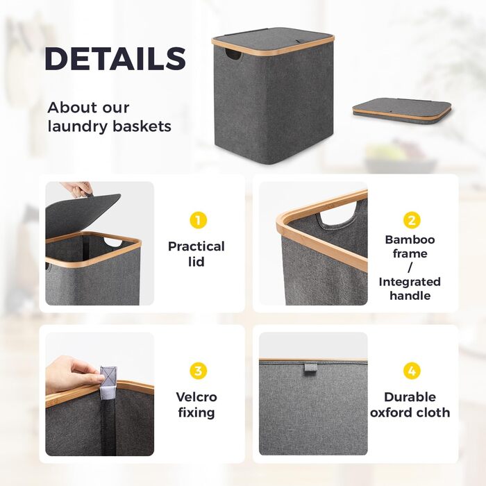 Кошик для білизни Rieeyrslza з кришкою, 158 л, бамбук, 2 знімні мішки для білизни, Oxford, складний, сортувальник, для ковдр та одягу (сірий)