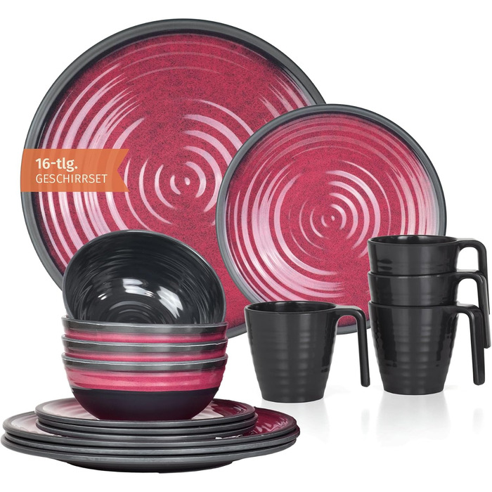 Набір посуду для кемпінгу Melamin 12 предметів (4 персони) Stone Red + 4 чашки