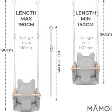 Дитяча гойдалка-колиска MAMOI з ременем безпеки, регульована висота 150-190 см, для дому, стійка конструкція, велюрове сидіння, легкий монтаж, світло-сіра