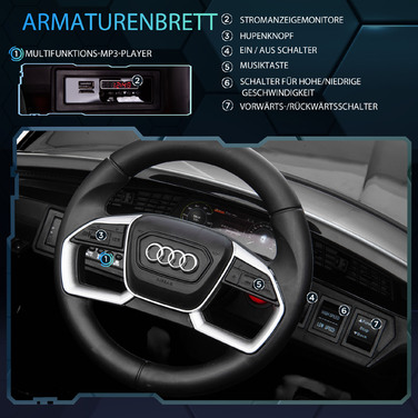 Електромобіль HOMCOM Audi e-tron 12V для дітей 3-5 років. Реалістичний дизайн, дистанційне керування, безпечний ремінь, музика (MP3/USB/TF), швидкість до 3-5 км/год. Чорний колір.