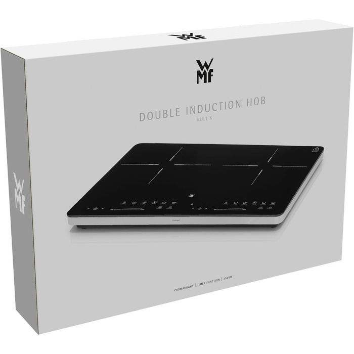 Індивідуальна індукційна плита WMF Kult X з 2 конфорками, діаметром до 28 см, 8 рівнів, функція розпізнавання посуду, сенсорний дисплей, склокераміка, таймер, 3500 Вт