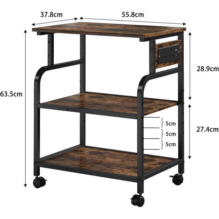 Трьохрівневий стіл для принтера з розеткою та USB-портами, регульовані полиці, роликовий стійка для принтера для дому/офісу, 3D/лазерний принтер, термопрес (Бюстик Браун, 60 см)