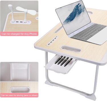 Складаний столик для ноутбука з USB-портом, ручкою, відділенням для карток, тримачем для напоїв та ящиком. Білий клен.