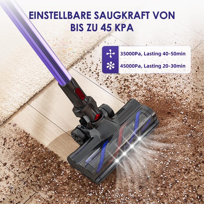 Акумуляторний пилосос бездротовий 45000 Па з сенсорним екраном, 50 хв роботи, контейнер 1.6 л, фільтр H13 HEPA, анти-заплутуюча щітка для підлоги/килима/шерсті тварин, фіолетовий