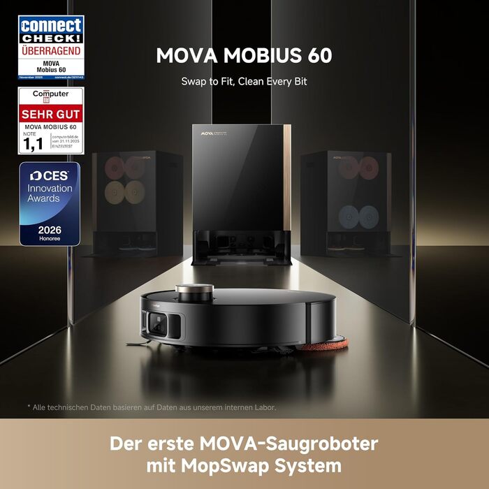 Робот-пилосос Mova V50 Ultra Complete з функцією миття, 24000 Па, подолання перешкод 6 см, навігація Liftable+RGB AI+LED, 80°C гаряча вода, 63°C самостійне сушіння, DuoSolution System, щітка Tricut (Mobius 60)