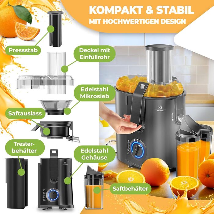 KESSER® Електрична центрифужна соковитискачка для фруктів та овочів з нержавіючої сталі, 1100W, велика завантажувальна воронка, 3 швидкості, сірий/сріблястий (чорний)
