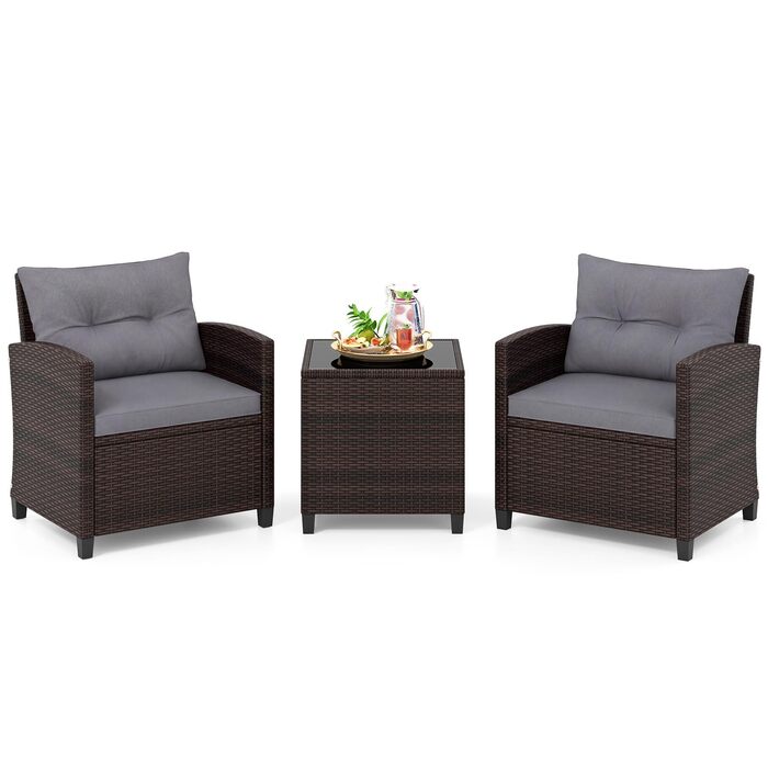 Садовий набір меблів COSTWAY з ротангу 3 предмети: 2 крісла, стіл зі скляною стільницею, подушки. Меблі для балкона, тераси, саду, для 2 осіб, коричнево-сірий