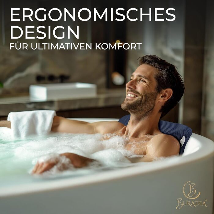 Подушка для ванни з сіткою для прання - Максимальний комфорт та розслаблення з новітньою технологією Air Mesh - Подушка для ванни з 4 міцними присосками - Подушка для шиї/голови (темно-синій)