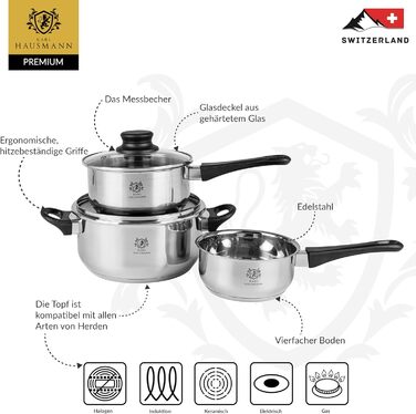 Набір каструль з нержавіючої сталі Induktion 3-х частинний - для всіх типів плит - з кришкою з термостійкого скла - з мірною шкалою