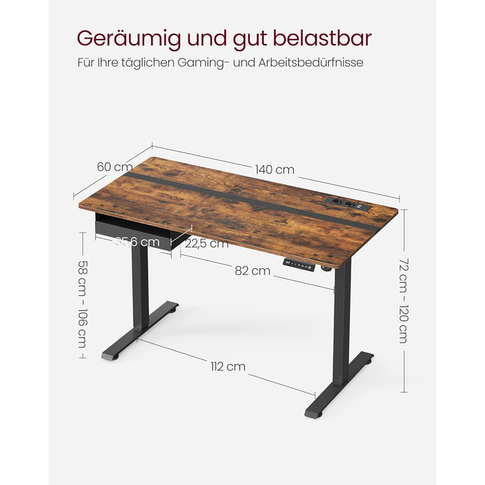 Електричний регульований стіл VASAGLE, 60 x 140 см, з пам'яттю висоти, розетками та ящиком, кольори: білий + горіх, LSD112W01