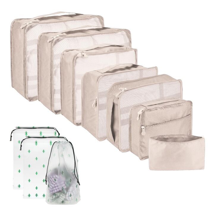 Набір органайзерів для подорожей та валізи Packing Cubes, водонепроникні сумки для одягу, 12 шт, бежевий