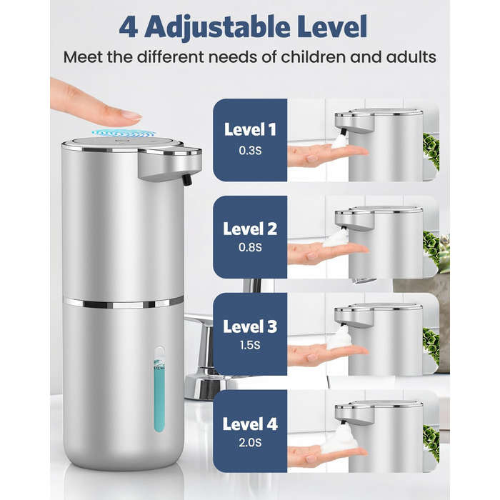 Автоматичний дозатор мила, 380 мл, електричний, з датчиком, USB, водонепроникний IPX5, для кухні, ванної кімнати, школи, готелю (сріблястий, піна)