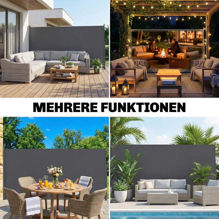 Висувна маркіза з боковими шторами, захист від сонця та вітру для тераси, водонепроникна, UV 50+, 420 x 185 см, темно-сірий колір