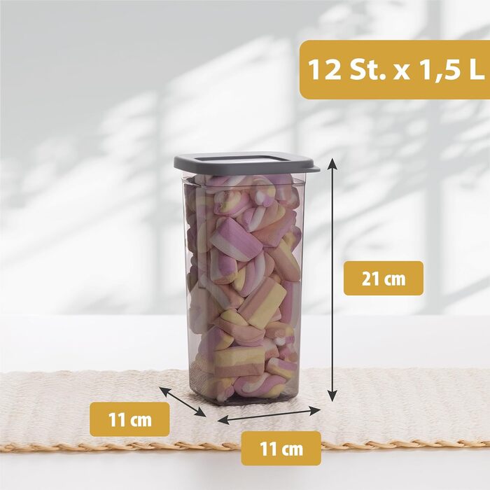 Герметичні контейнери для зберігання продуктів [набір 12 шт], антрацит - Складаються, економія місця для кухні, банки для круп, контейнери для їжі, набір 12 шт (12x1500 мл)